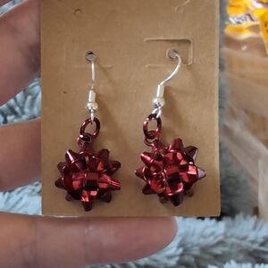 Hand Crafted Metallic Red Bow Earrings